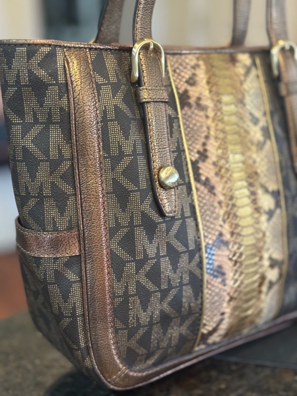 Vintage Michael Kors Brown & Gold Logo Tote with Snake-Print Center - Picture 5 of 13